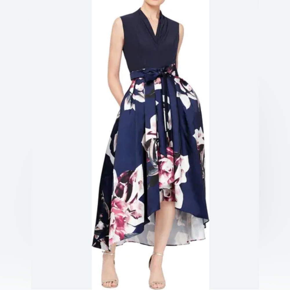 SLNY Pleated High-Low Navy and Pink Satin Floral Sleeveless‎ Dress Women's 12P